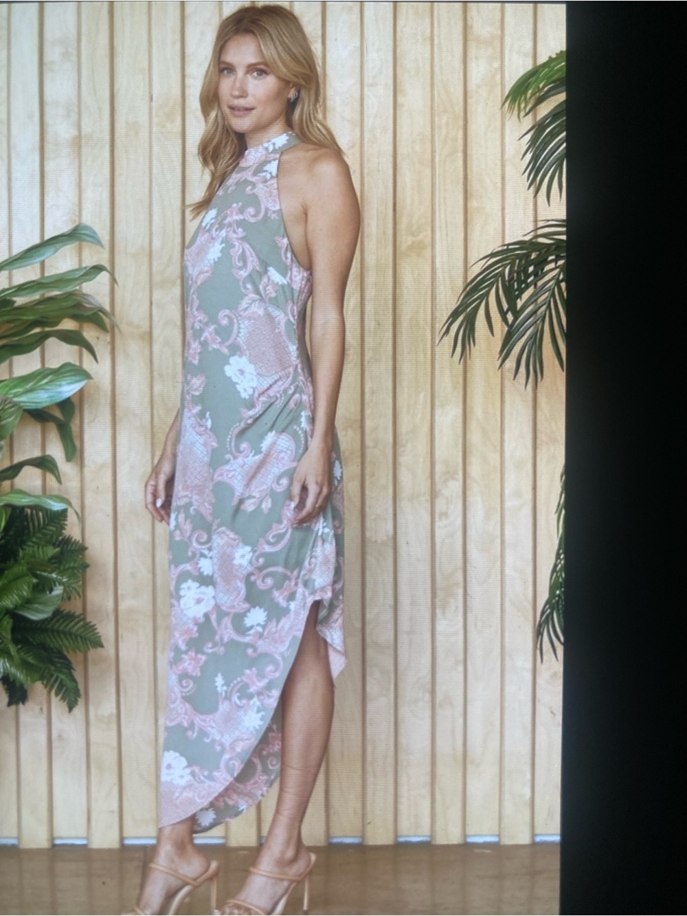 High-Neck High-Low Maxi Dress in Sage and Pink Paisley NWOTS